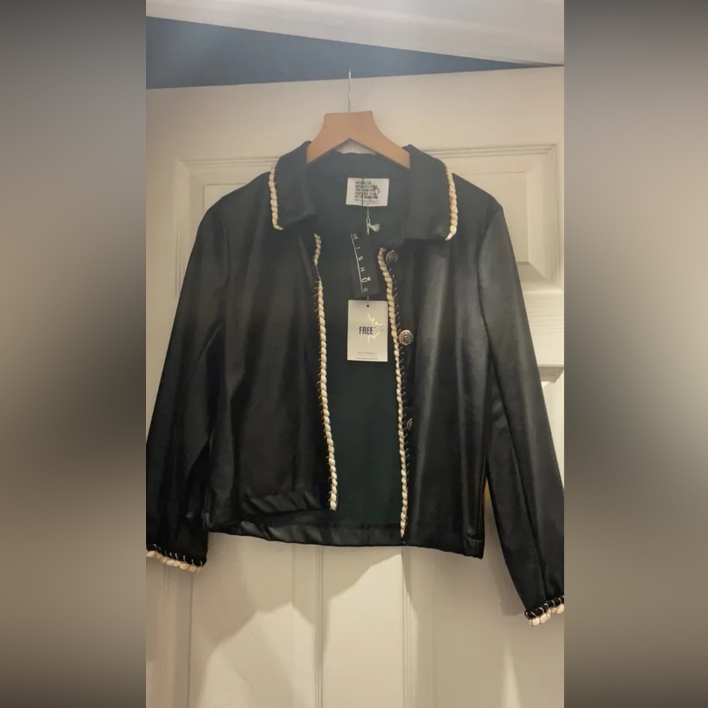 Black faux leather jacket vest with tweed